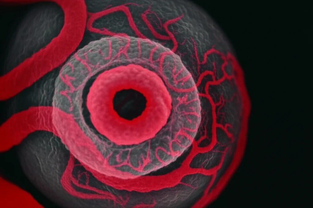 Immagine concettuale della placenta umana con vasi sanguigni evidenziati in rosso brillante su uno sfondo scuro, che simboleggia l'angiogenesi placentare e la ricerca sulla colestasi gravidica, stile fotorealistico, obiettivo macro 60mm, illuminazione controllata per enfatizzare i vasi, alta definizione.