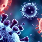 Immagine concettuale fotorealistica del sistema immunitario umano che combatte il virus SARS-CoV-2, con cellule T e B visibili e particelle virali stilizzate. Macro lens, 90mm, high detail, controlled lighting, sfondo scuro per enfasi scientifica.