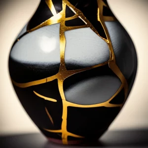 Immagine simbolica di un delicato processo di guarigione psicologica. Una crepa in un vaso di ceramica che viene lentamente riparata con fili d'oro, tecnica kintsugi, su uno sfondo neutro e luminoso. Macro lens, 100mm, high detail sulla texture della ceramica e sull'oro, controlled lighting per enfatizzare la bellezza della riparazione, simboleggiando la resilienza e la trasformazione nel PTSD complesso attraverso la terapia Gestalt.