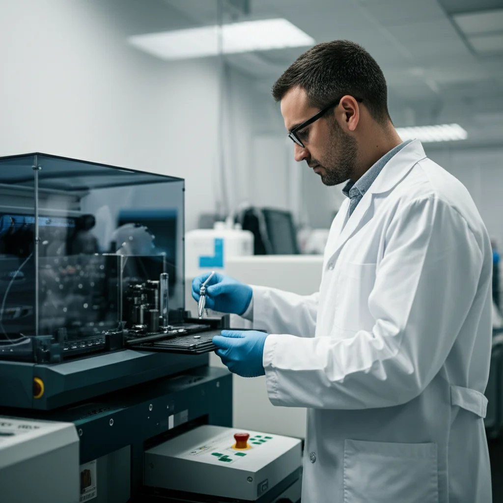 Un ricercatore in camice bianco carica campioni in una macchina per il sequenziamento di nuova generazione (NGS) in un laboratorio moderno e ben illuminato. Obiettivo prime, 50mm, profondità di campo, con la macchina NGS a fuoco.