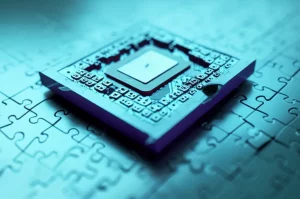 Un'immagine concettuale di un modello di Reinforcement Learning modulare, con parti che possono essere staccate e riattaccate come pezzi di un puzzle, simboleggiando la riutilizzabilità. Prime lens, 35mm, depth of field, duotone ciano e magenta, illuminazione high-tech focalizzata sui punti di connessione.