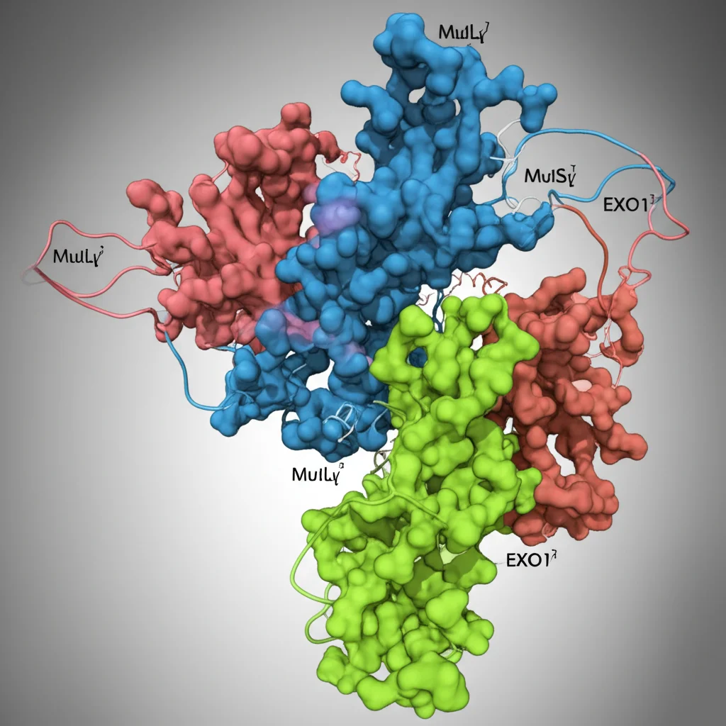 Visualizzazione artistica fotorealistica del complesso proteico meiotico (MutLγ, MutSγ, EXO1) interagente con un filamento di DNA a doppia elica, evidenziando i punti di contatto chiave tra le proteine e con il DNA. Sfondo scuro astratto con luce drammatica che illumina il complesso, obiettivo prime 35mm, effetto profondità di campo che isola il soggetto.