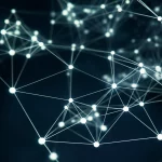 Visualizzazione astratta 3D di una rete neurale complessa con nodi luminosi e connessioni fluttuanti su uno sfondo scuro che rappresenta dati finanziari, obiettivo grandangolare 20mm, messa a fuoco nitida sull'intera struttura, illuminazione d'atmosfera high-tech.