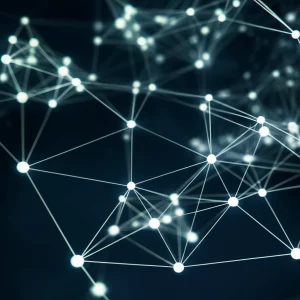 Visualizzazione astratta 3D di una rete neurale complessa con nodi luminosi e connessioni fluttuanti su uno sfondo scuro che rappresenta dati finanziari, obiettivo grandangolare 20mm, messa a fuoco nitida sull'intera struttura, illuminazione d'atmosfera high-tech.
