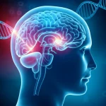 A conceptual, photorealistic image illustrating the lncRNA MEG3 molecule interacting within a stylized human brain, with subtle glowing elements indicating areas of inflammation and pyroptosis. Prime lens, 35mm, depth of field, dramatic lighting with blue and red duotones to highlight the conflict at a cellular level.