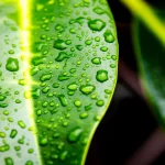 Fotografia macro ad alta definizione di una foglia di Acanthus tetraploideus con goccioline d'acqua, che mostra la tessitura dettagliata della foglia. Obiettivo macro 105mm, illuminazione laterale controllata per enfatizzare la texture, sfondo leggermente sfocato di altre mangrovie.