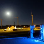 Fotografia paesaggistica di una comunità rurale illuminata di notte grazie a un sistema energetico ibrido. Si vedono turbine eoliche illuminate discretamente, tetti con pannelli solari che riflettono la luce lunare e una stazione di ricarica per veicoli elettrici. Obiettivo grandangolare 18mm, lunga esposizione per evidenziare le luci e il cielo stellato, messa a fuoco nitida.