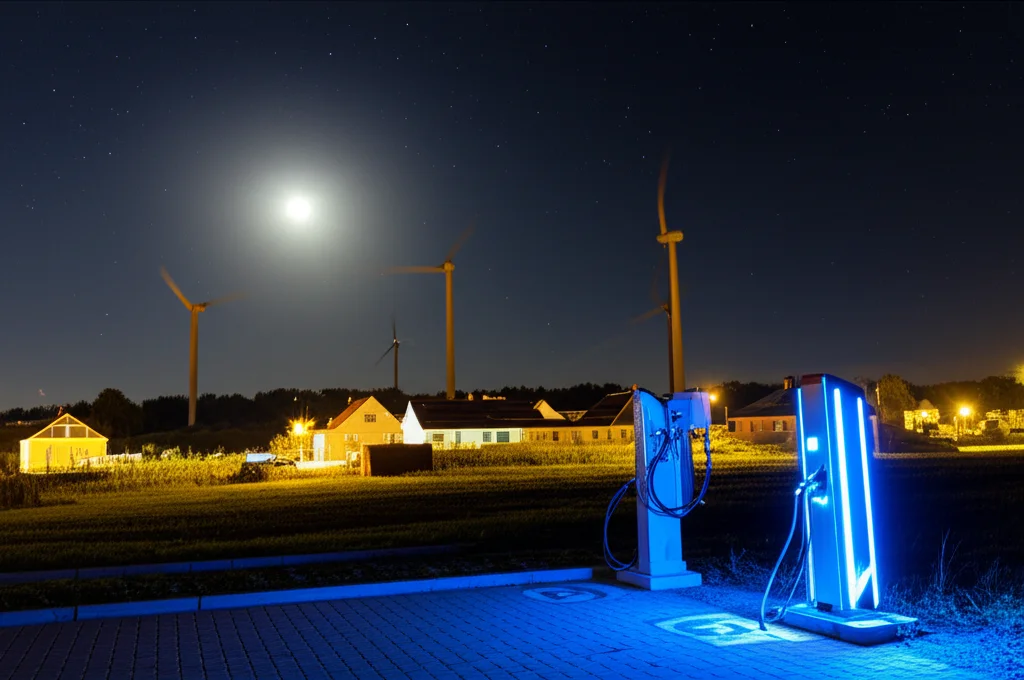 Fotografia paesaggistica di una comunità rurale illuminata di notte grazie a un sistema energetico ibrido. Si vedono turbine eoliche illuminate discretamente, tetti con pannelli solari che riflettono la luce lunare e una stazione di ricarica per veicoli elettrici. Obiettivo grandangolare 18mm, lunga esposizione per evidenziare le luci e il cielo stellato, messa a fuoco nitida.