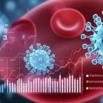 Immagine concettuale che rappresenta il virus dell'epatite B (HBV) con particelle virali stilizzate su uno sfondo scuro che richiama campioni di sangue e dati epidemiologici in sovrimpressione. Macro lens, 100mm, high detail, controlled lighting con toni blu e rossi per enfatizzare la natura scientifica e la minaccia virale in Angola.