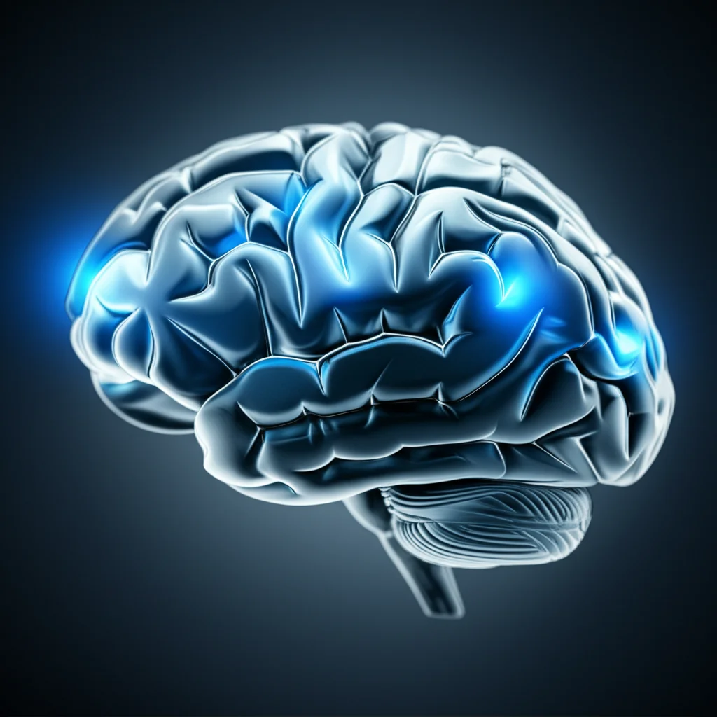 Immagine concettuale di un cervello umano con aree illuminate che simboleggiano l'attività cognitiva potenziata dalla rTMS, con un leggero effetto di profondità di campo. Lente prime 35mm, duotono blu e argento, illuminazione focalizzata sulle aree attive.