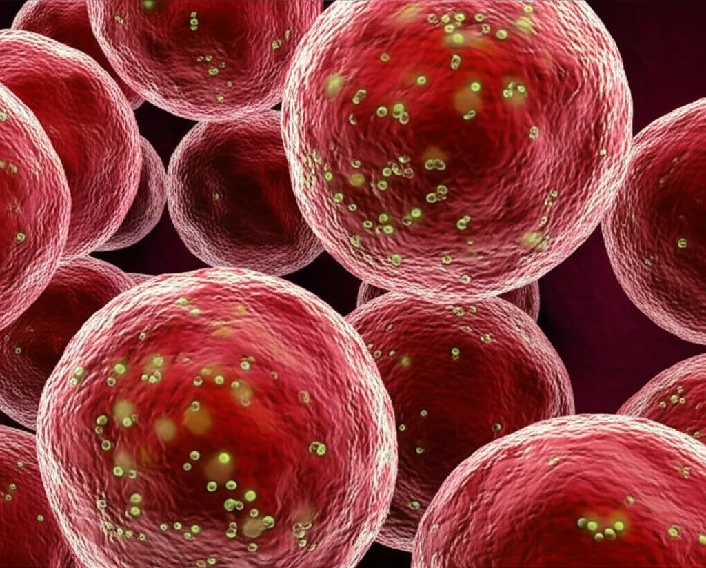 Immagine concettuale fotorealistica che mostra cellule polmonari infiammate (rosse e gonfie) accanto a cellule tumorali (scure e irregolari), con particelle luminose che rappresentano le molecole infiammatorie rilasciate durante la piroptosi che fungono da ponte tra le due condizioni. Utilizzare un obiettivo macro 90mm con profondità di campo ridotta per sfocare lo sfondo e mettere a fuoco l'interazione cellulare, illuminazione drammatica.