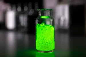Immagine fotorealistica di campioni di fosfori Ba2Cd(BO3)2 drogati con disprosio (giallo brillante) e terbio (verde brillante) che emettono luce sotto eccitazione UV, disposti su un tavolo da laboratorio. Macro lens, 100mm, high detail, precise focusing, controlled lighting, con un leggero effetto bokeh sullo sfondo per mettere a fuoco i campioni.