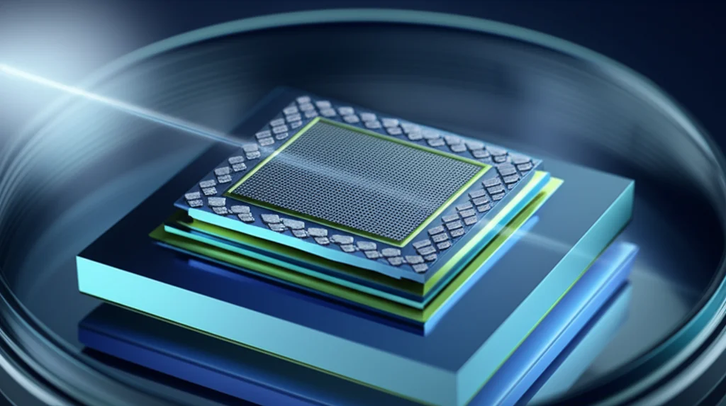 Lente principale, 35 mm, profondità di campo, duotone (argento blu intenso e metallico), un primo piano del dispositivo di eterojunzione AL/NACO₂O₄/N-SI, con strati visibili e contatti metallici, luminosamente brillanti sotto un raggio di luce, che rappresenta le sue capacità di fototetezione.