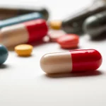 Primo piano di diverse pillole medicinali colorate sparse su una superficie neutra, con una singola pillola in primo piano e le altre leggermente sfocate sullo sfondo. Illuminazione da studio controllata, obiettivo macro da 90mm per enfatizzare i dettagli e la texture delle pillole, suggerendo il tema dei farmaci e dei loro effetti.