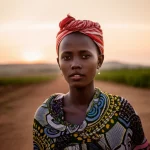 Ritratto intenso di una giovane donna etiope che riflette sulle sue scelte di salute riproduttiva, ambientato in un contesto rurale al tramonto. Obiettivo prime 50mm, luce calda del tardo pomeriggio, profondità di campo ridotta per focalizzare l'attenzione sull'espressione pensierosa e speranzosa, toni caldi e terrosi, atmosfera intima.