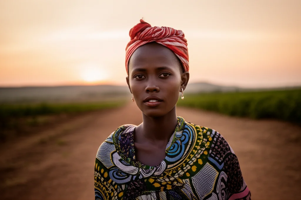 Ritratto intenso di una giovane donna etiope che riflette sulle sue scelte di salute riproduttiva, ambientato in un contesto rurale al tramonto. Obiettivo prime 50mm, luce calda del tardo pomeriggio, profondità di campo ridotta per focalizzare l'attenzione sull'espressione pensierosa e speranzosa, toni caldi e terrosi, atmosfera intima.