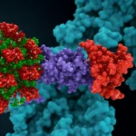 Un modello 3D fotorealistico della glicoproteina del virus Nipah, con piccole molecole inibitrici che si legano a un sito attivo specifico. Illuminazione da laboratorio controllata, obiettivo macro da 100mm per dettagli elevati, sfondo scuro e pulito per far risaltare il soggetto.
