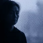 Una persona giapponese di mezza età, guarda fuori da una finestra in una giornata nuvolosa, trasmettendo un senso di riflessione e la sfida costante della vita con un'immunodeficienza primaria. Fotografia ritratto, 35mm prime lens, depth of field, duotone grigio e blu tenue.