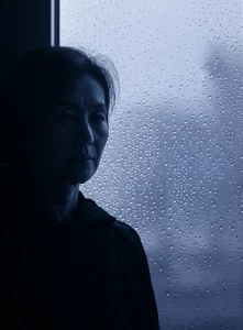 Una persona giapponese di mezza età, guarda fuori da una finestra in una giornata nuvolosa, trasmettendo un senso di riflessione e la sfida costante della vita con un'immunodeficienza primaria. Fotografia ritratto, 35mm prime lens, depth of field, duotone grigio e blu tenue.