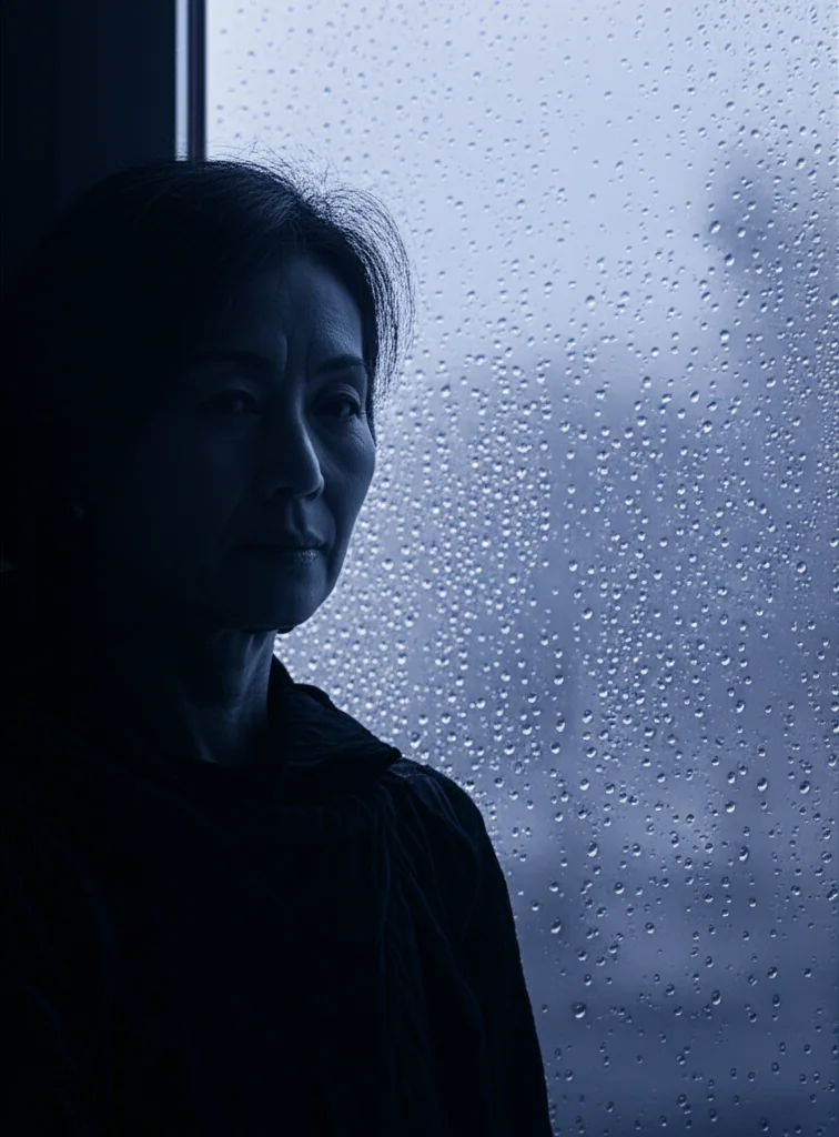 Una persona giapponese di mezza età, guarda fuori da una finestra in una giornata nuvolosa, trasmettendo un senso di riflessione e la sfida costante della vita con un'immunodeficienza primaria. Fotografia ritratto, 35mm prime lens, depth of field, duotone grigio e blu tenue.