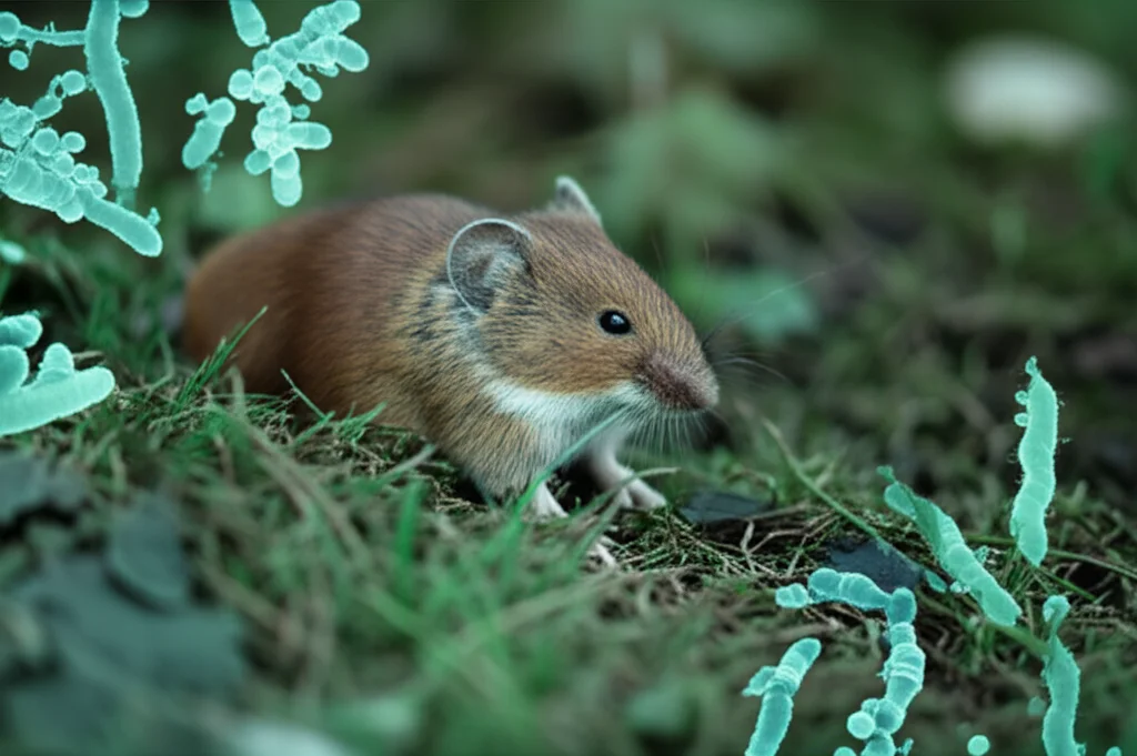 Un'arvicola campestre (Microtus agrestis) in primo piano nel suo habitat naturale erboso, fotografata con un prime lens da 35mm per un ritratto ambientale. L'immagine ha una profondità di campo ridotta che sfoca leggermente lo sfondo, e utilizza una palette duotone nei toni del verde foresta e del marrone terra. Sovrapposte in modo quasi trasparente, ci sono forme astratte che richiamano colonie batteriche, suggerendo il microbioma interno dell'animale.