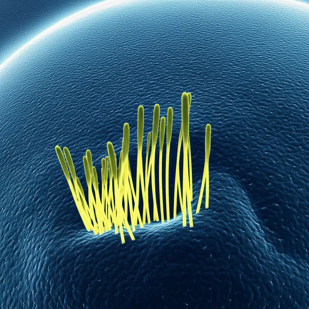Visualizzazione artistica e fotorealistica del metabolismo di una cellula cancerosa, con assi catabolici e anabolici illuminati che si intersecano. Prime lens, 35mm, depth of field, duotone blu e giallo per rappresentare energia e crescita.