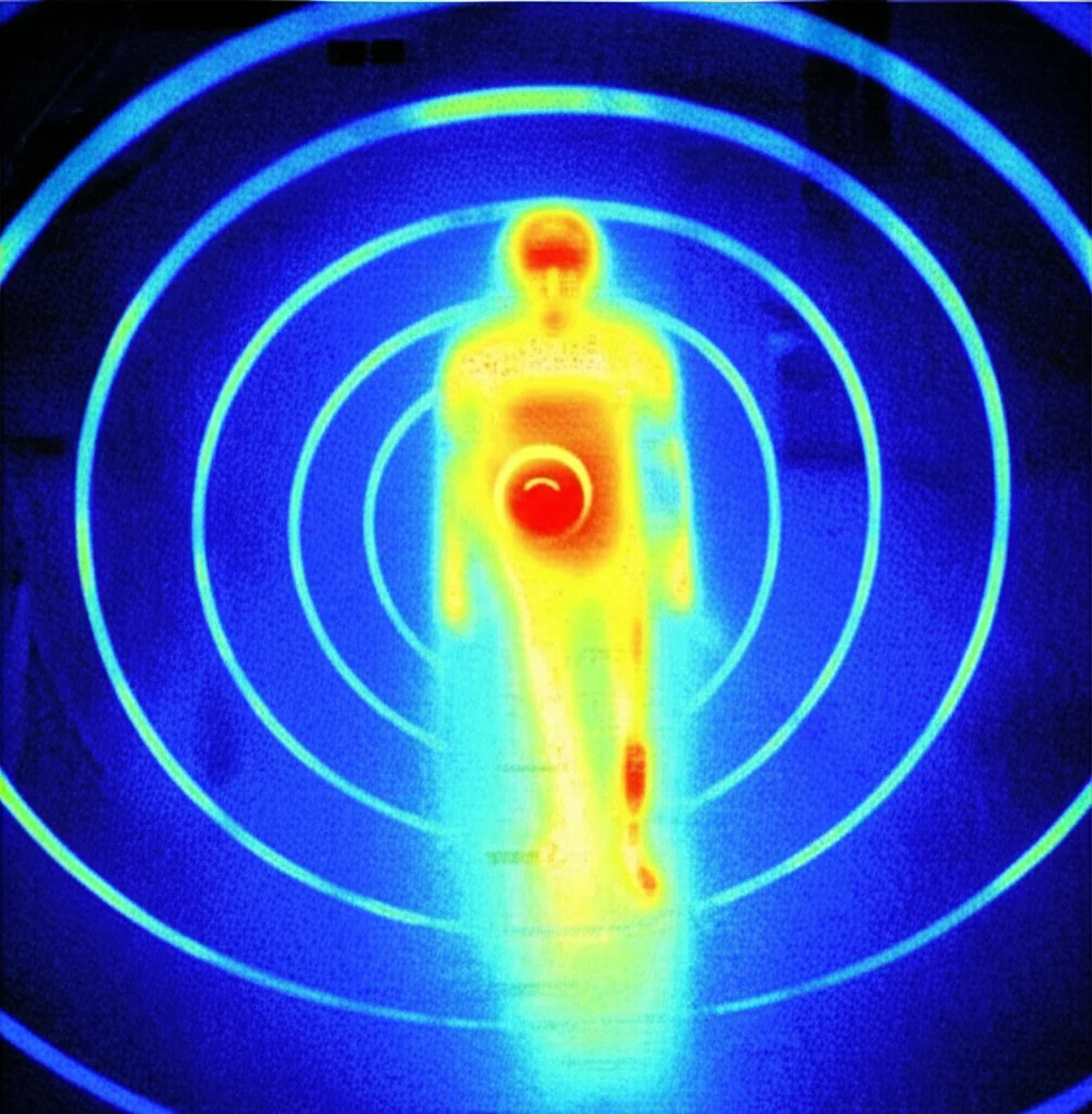 Visualizzazione concettuale di onde radio Wi-Fi che formano un'immagine tomografica di una persona stilizzata all'interno di una stanza, vista dall'alto. L'immagine ha un effetto 'heat map' con colori vivaci che indicano l'intensità del segnale e la localizzazione. Obiettivo grandangolare 24mm per una visione d'insieme, con dettagli nitidi e focus preciso sulla figura e sulle onde.