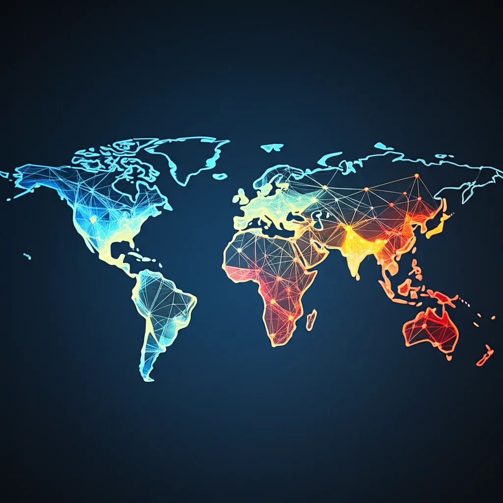 Visualizzazione dinamica di una mappa del mondo con nodi interconnessi che brillano di colori diversi (blu per la Fase 1, giallo per la Fase 2, rosso per la Fase 3) rappresentando la distribuzione globale e le fasi epidemiologiche dell'IBD. Prospettiva grandangolare, messa a fuoco nitida, stile digital art con elementi fotorealistici.