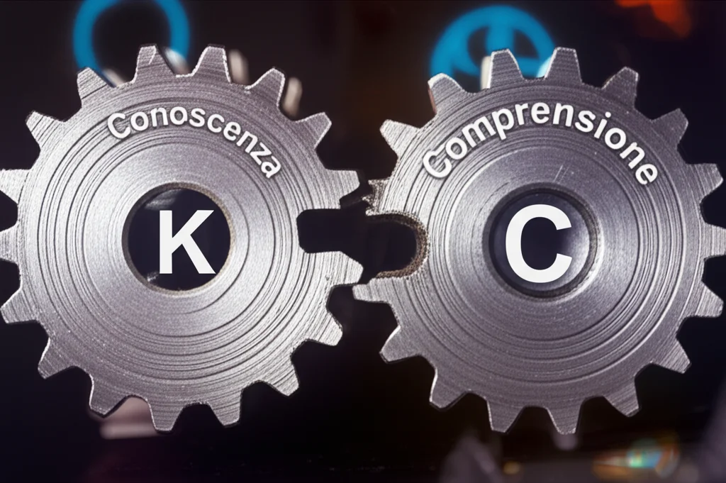 Fotografia macro di due ingranaggi meccanici stilizzati, uno etichettato 'K' (Conoscenza) e l'altro 'C' (Comprensione), interconnessi ma distinti, su uno sfondo scuro con deboli simboli logici luminosi, obiettivo macro 100mm, alta definizione, illuminazione controllata per enfatizzare le texture metalliche.