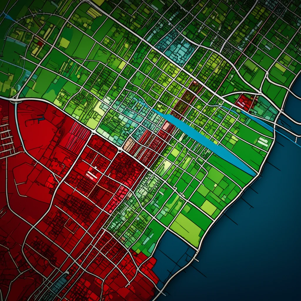 Mappa stilizzata di una città con diverse zone colorate: alcune in verde intenso (forte calo furti), altre in verde chiaro (calo lieve), e alcune in rosso (aumento furti), a simboleggiare la distribuzione disomogenea del crimine durante i lockdown raffinati. Macro lens, 60mm, high detail, precise focusing sulle diverse zone.