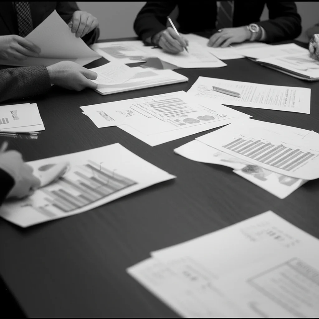 Un tavolo da riunione con diversi stakeholder (medici, manager, legislatori) che discutono animatamente attorno a un progetto per l'ospedale a domicilio, con grafici e documenti sparsi. Obiettivo prime, 35mm, bianco e nero film, profondità di campo, luce soffusa da una finestra laterale.