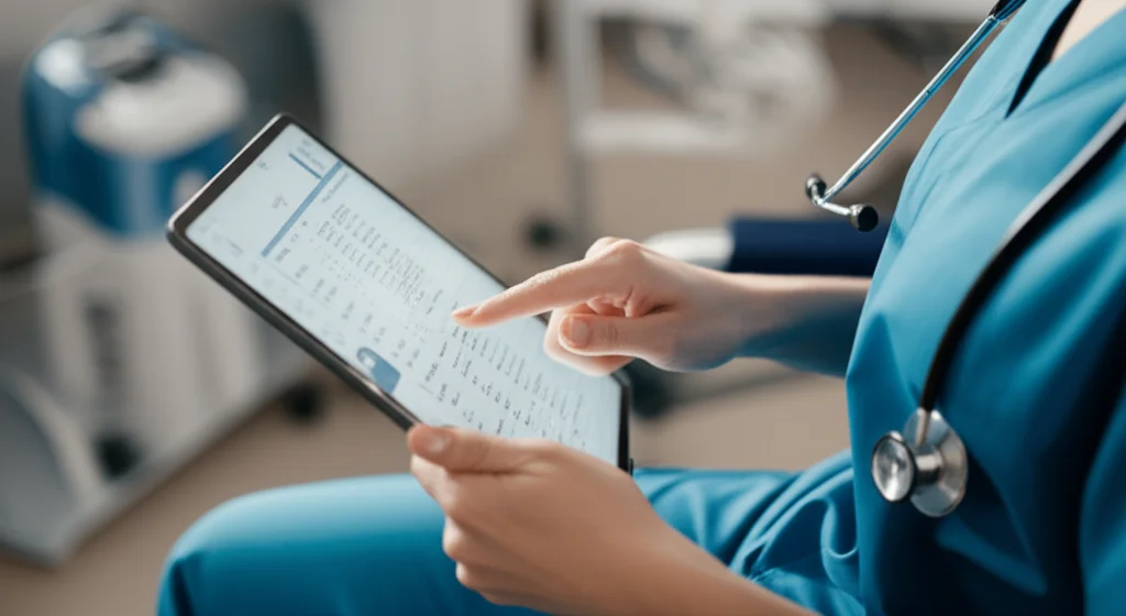 Un'infermiera che utilizza un tablet per aggiornare la cartella clinica elettronica di un paziente a casa, con attrezzature mediche portatili visibili sullo sfondo. Macro lens, 80mm, alta definizione, illuminazione controllata per evidenziare i dettagli tecnologici.
