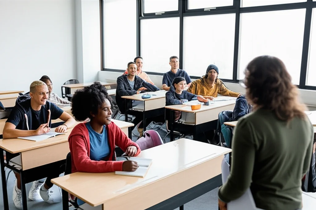 Un'aula scolastica luminosa e moderna, studenti adolescenti di diverse etnie lavorano in piccoli gruppi ai loro banchi, alcuni sorridono e discutono animatamente, un insegnante si muove tra i banchi offrendo supporto. Obiettivo prime 35mm, profondità di campo per mettere a fuoco un gruppo in primo piano, luce naturale da ampie finestre.