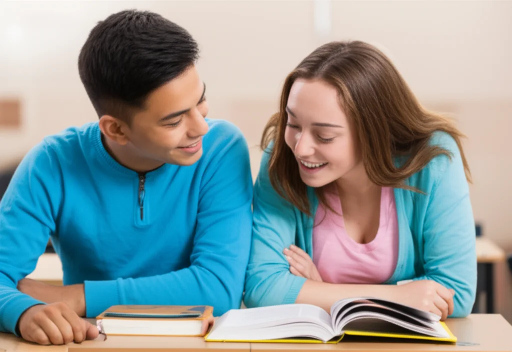 Un ragazzo e una ragazza adolescenti, seduti a un banco di scuola, discutono animatamente su un libro di testo aperto, entrambi sembrano coinvolti e uno dei due sorride. Macro lens, 85mm, per un ritratto ambientato con sfondo leggermente sfocato dell'aula, illuminazione controllata per evidenziare le espressioni.