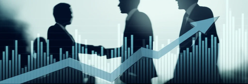 Immagine concettuale di un grafico finanziario con frecce che indicano una scalata, sovrapposto a figure stilizzate di uomini d'affari in giacca e cravatta che stringono mani. Luce direzionale, profondità di campo, obiettivo prime 35mm, atmosfera da film noir con toni blu e grigi.