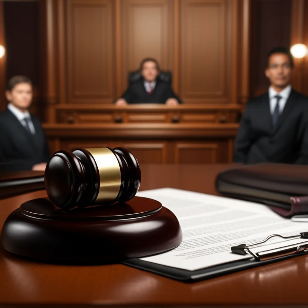 Un'aula di tribunale stilizzata o una sala riunioni con un giudice o un arbitro al centro e figure che rappresentano azionisti di minoranza e maggioranza. Macro lens 60mm per dettaglio su un documento legale o un martelletto. Illuminazione controllata e drammatica.