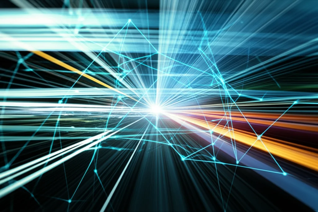 Visualizzazione astratta di dati finanziari, come una rete neurale o un flusso di informazioni digitali che convergono verso un punto focale che simboleggia una 'predizione'. Telephoto zoom 100-400mm per isolare un dettaglio significativo, effetto di movimento leggero per indicare il flusso di dati.