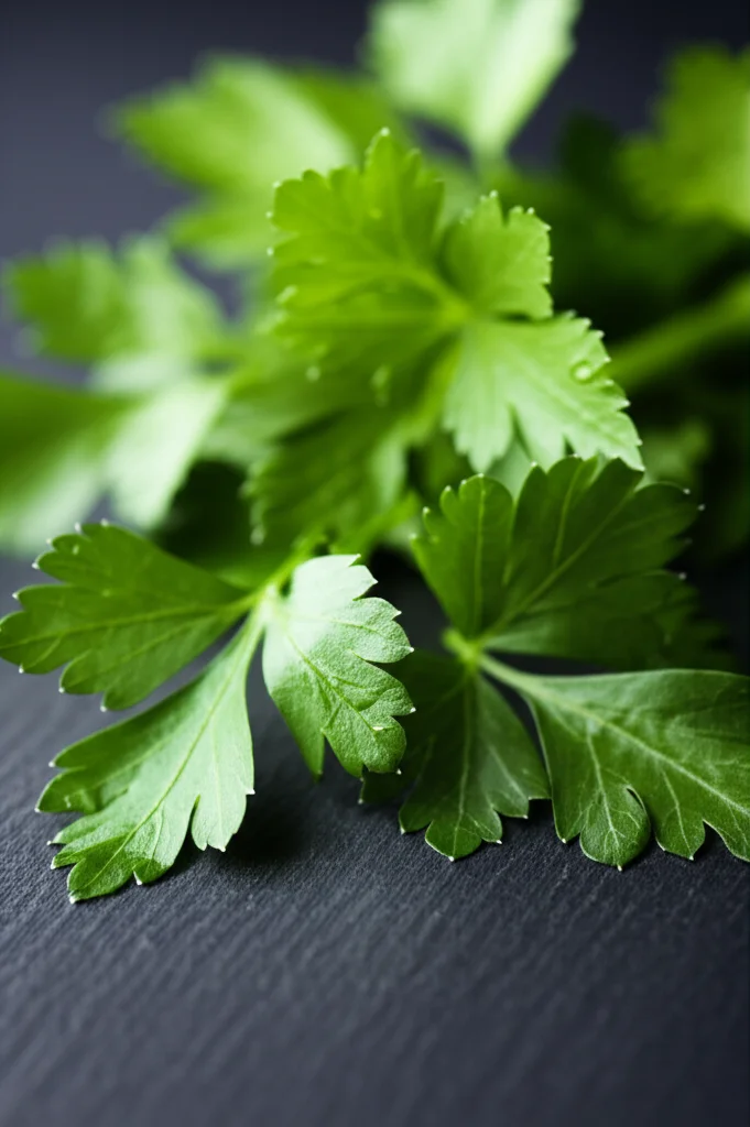 Macro fotografia, 105mm lens, di foglie fresche di prezzemolo, sedano e coriandolo disposte artisticamente su una superficie di ardesia scura. L'illuminazione laterale controllata evidenzia la texture rugosa delle foglie e le goccioline d'acqua scintillanti, suggerendo freschezza e vitalità. High detail, precise focusing.