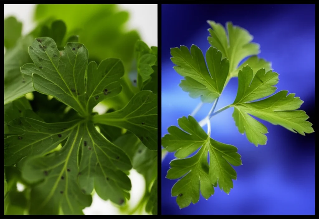 Immagine scientifica stilizzata, macro lens 60mm, che mostra una comparazione fianco a fianco: a sinistra, foglie di prezzemolo con visibili segni di deterioramento e crescita microbica (simulata); a destra, foglie di prezzemolo vibranti e sane dopo un trattamento con ozono (simboleggiato da una leggera aura bluastra). High detail, precise focusing, controlled lighting.