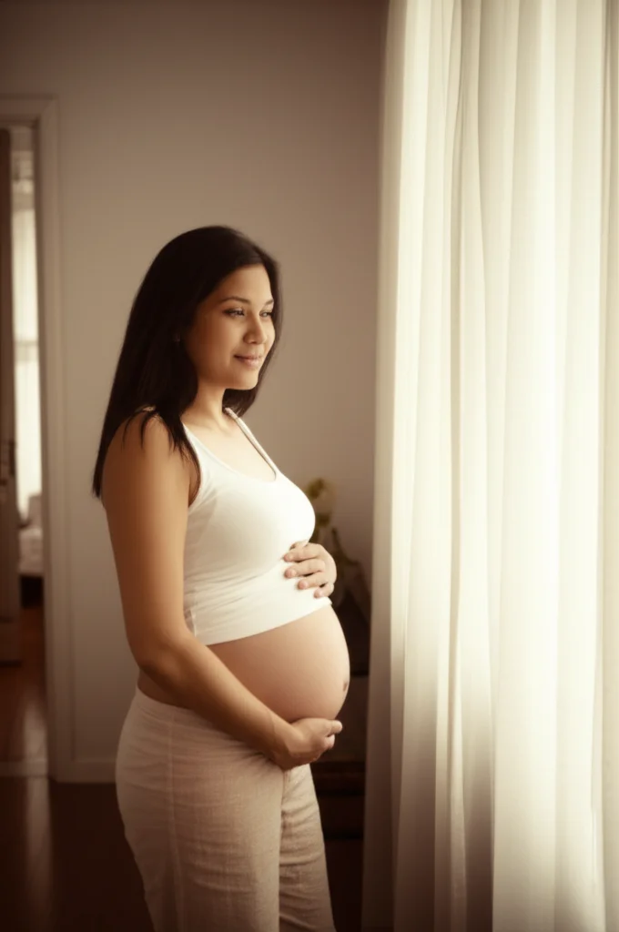 Una donna incinta sorridente di etnia asiatica che tiene delicatamente il suo pancione, luce naturale soffusa che entra da una finestra, ambientazione domestica serena e luminosa. Prime lens, 35mm, depth of field, colori caldi e accoglienti, duotone seppia e crema.