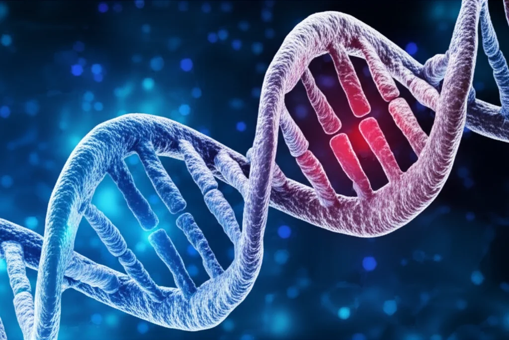 Visualizzazione astratta di una doppia elica di DNA, con segmenti specifici (SNP) illuminati in colori vivaci come rosso e blu, su uno sfondo scuro e tecnologico. Macro lens, 90mm, high detail, precise focusing, illuminazione drammatica per evidenziare i polimorfismi.