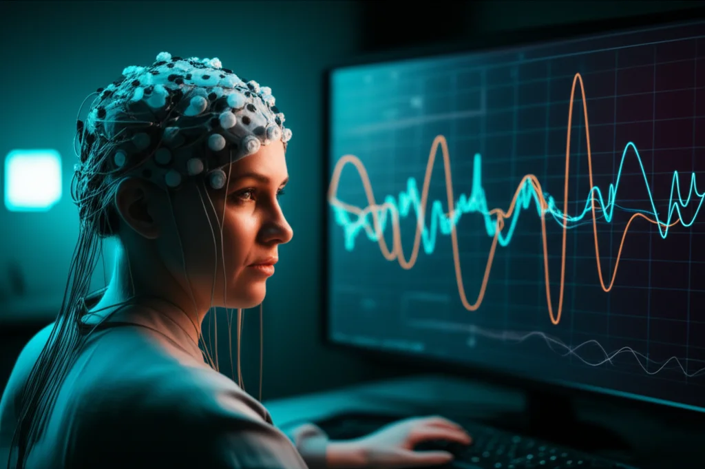 Un primo piano di una persona che indossa una cuffia EEG con elettrodi illuminati, mentre guarda uno schermo con grafici di onde cerebrali sovrapposti. Atmosfera da laboratorio high-tech, illuminazione controllata, obiettivo prime da 35mm, profondità di campo, duotone ciano e magenta.