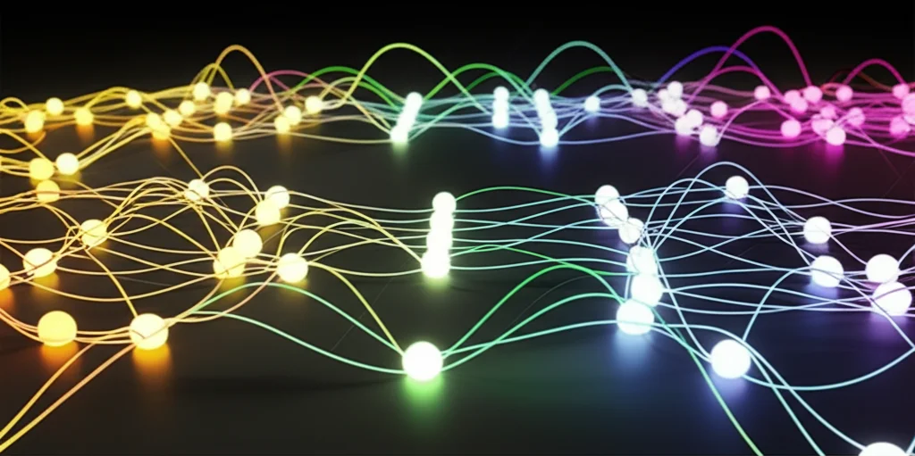 Visualizzazione astratta 3D di una rete neurale complessa, con nodi luminosi che rappresentano i canali EEG e connessioni che simboleggiano i Transformer e le LSTM. Flussi di dati colorati si muovono attraverso la rete. Obiettivo macro da 100mm, high detail, illuminazione controllata con riflessi sulle superfici.