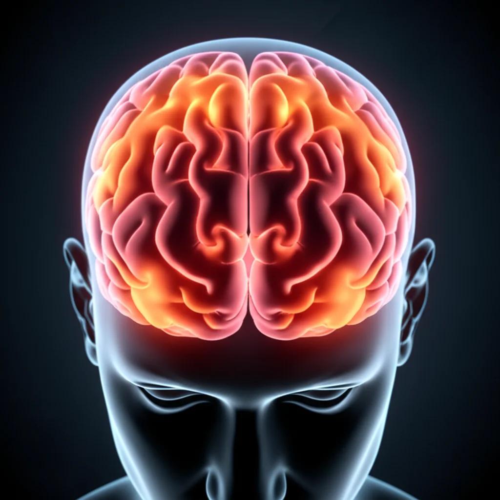 Mappa di calore stilizzata della testa umana vista dall'alto, con aree frontali illuminate in rosso e arancione a indicare l'alta importanza dei canali EEG in quella zona per la predizione dello sguardo. Sfondo scuro, dettagli scientifici, obiettivo da 50mm, focus preciso sulle aree illuminate.