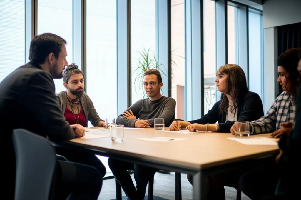 Un gruppo multietnico di persone discute animatamente attorno a un tavolo in un moderno centro comunitario ben illuminato, luce naturale che entra da grandi finestre, prime lens 35mm, profondità di campo che sfoca leggermente lo sfondo per concentrarsi sulle espressioni coinvolte dei partecipanti.