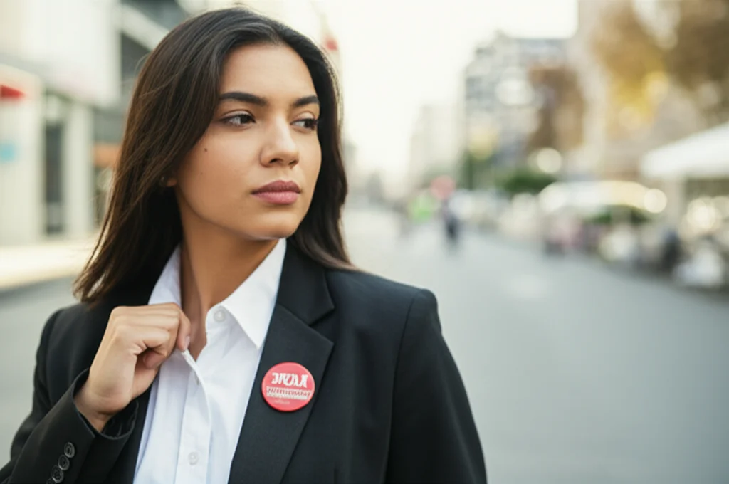 Una giovane donna della seconda generazione, con un'espressione determinata, attacca una spilla di una campagna politica sulla sua giacca, in un contesto urbano. Obiettivo prime 50mm, luce naturale pomeridiana, leggero bokeh sullo sfondo per enfatizzare il soggetto.