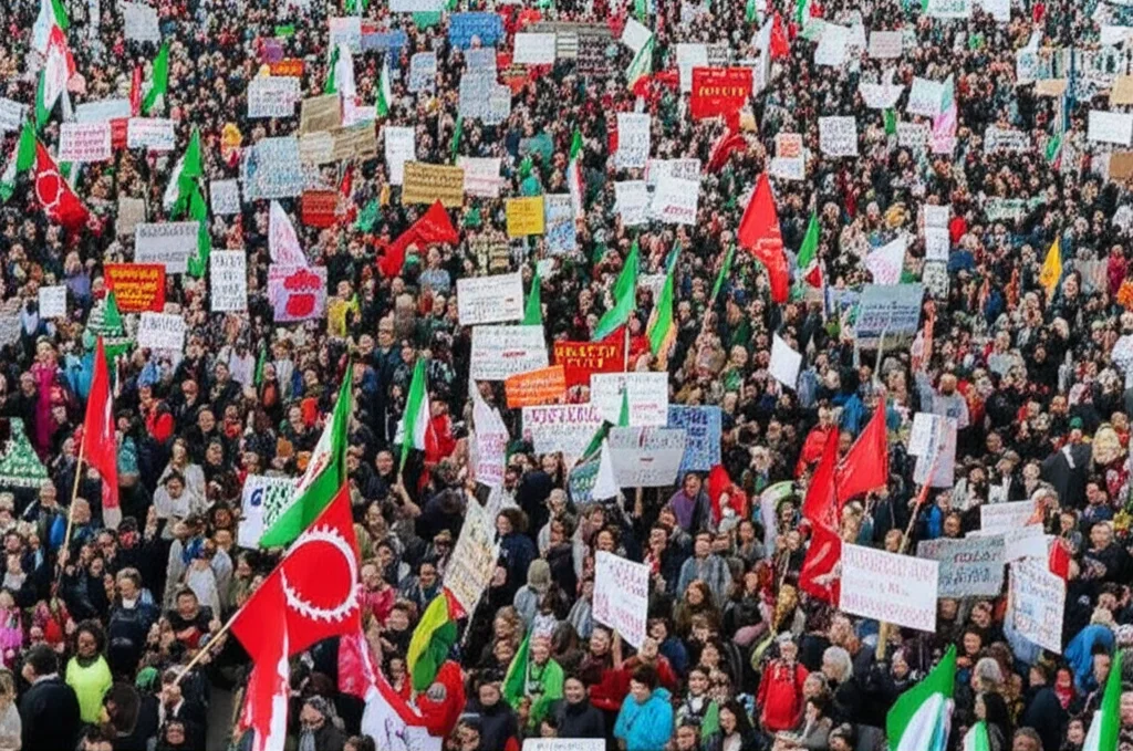 Una piazza affollata durante una manifestazione pacifica, persone di diverse età ed etnie tengono in alto cartelli con slogan. Telephoto zoom 100-400mm per comprimere la prospettiva e mostrare la folla, fast shutter speed per congelare il movimento delle bandiere e dei partecipanti, focus sulle espressioni determinate.