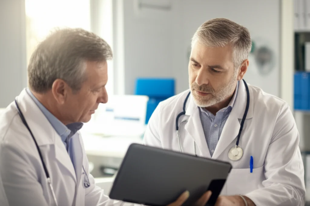 Un paziente di mezza età discute attivamente con un medico in uno studio moderno e luminoso, entrambi guardano un tablet. L'immagine trasmette collaborazione e fiducia. Portrait photography, 35mm lens, depth of field, luce naturale calda.
