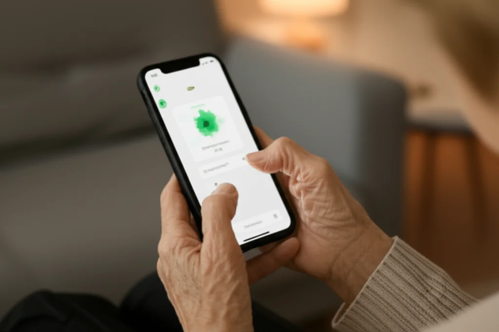 Primo piano sulle mani di un paziente anziano che utilizza un'app per la salute su uno smartphone, con sfondo sfocato di un salotto confortevole. Macro lens, 85mm, alta definizione, illuminazione soffusa.