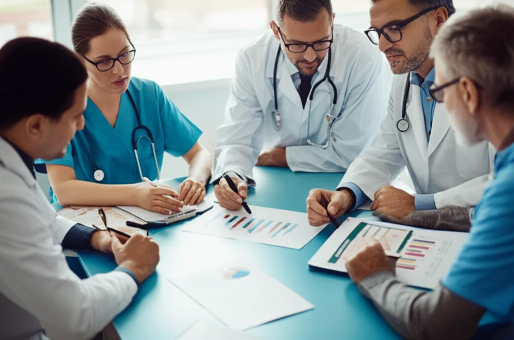 Un gruppo eterogeneo di pazienti e professionisti sanitari collabora attorno a un tavolo, esaminando grafici e documenti, trasmettendo un senso di partnership e decisione condivisa. Prime lens, 24mm, luce naturale, focus sui volti espressivi.